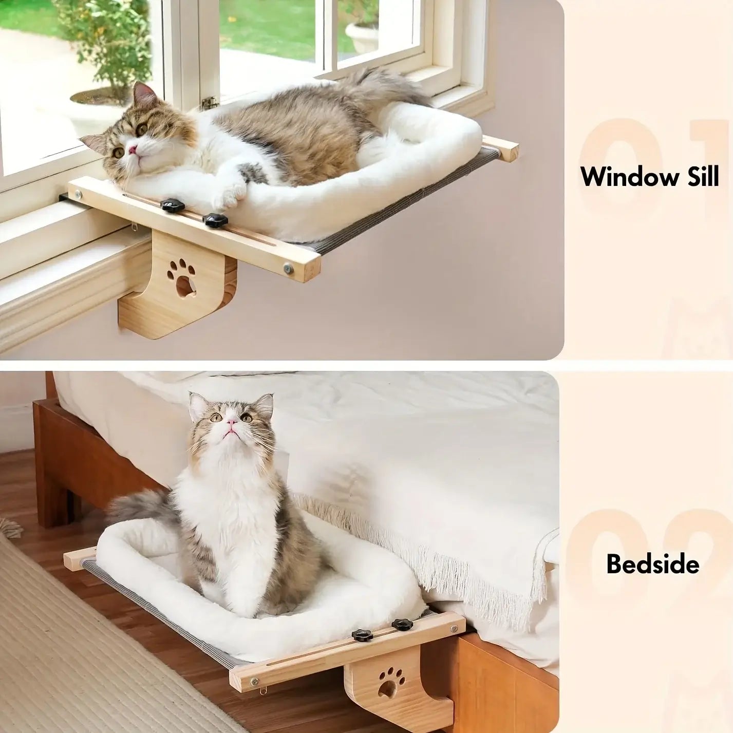 Split view of a versatile cat hammock attached securely to a sunlit window sill and serving as a bedside cat sleeper.