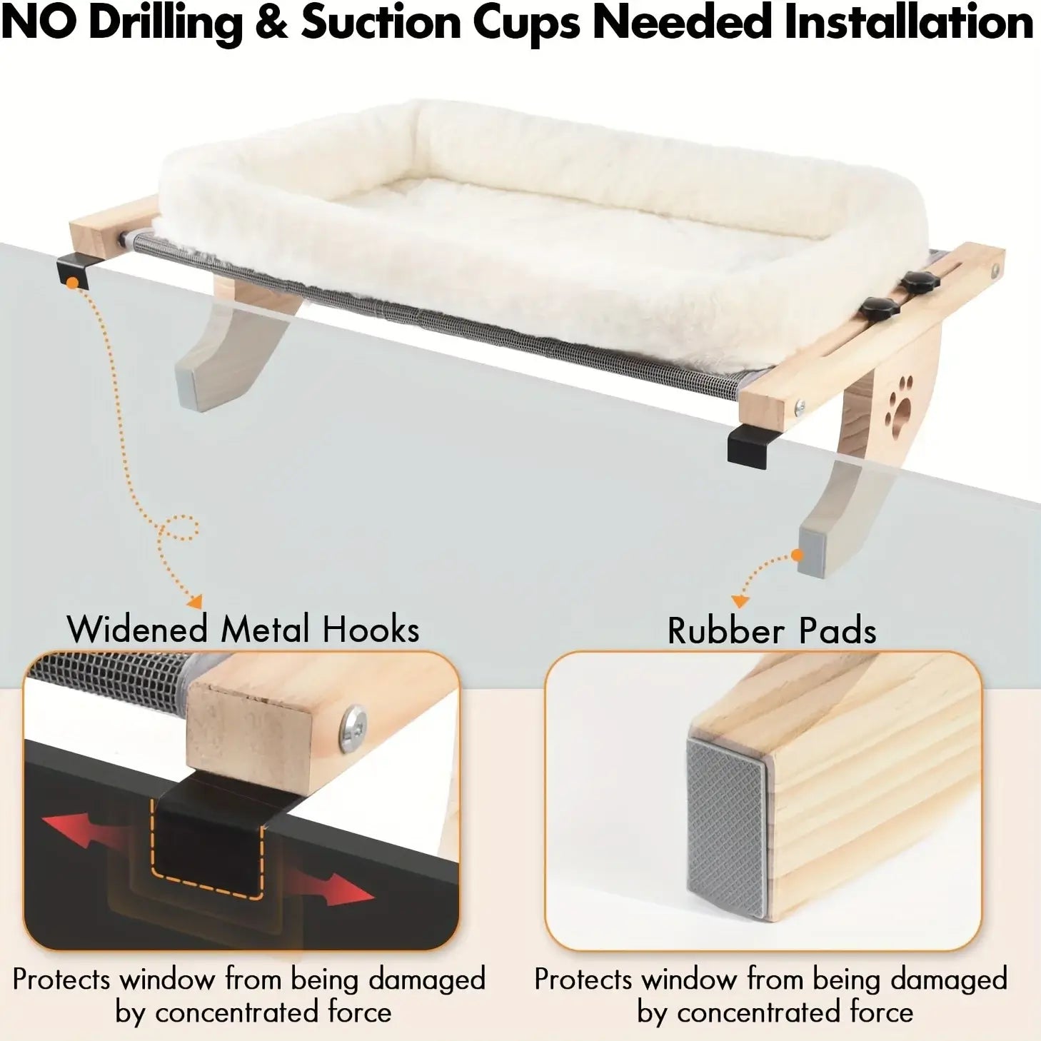 Detail of damage-free cat window perch installation showing widened metal hooks and protective wall-safe rubber pads.
