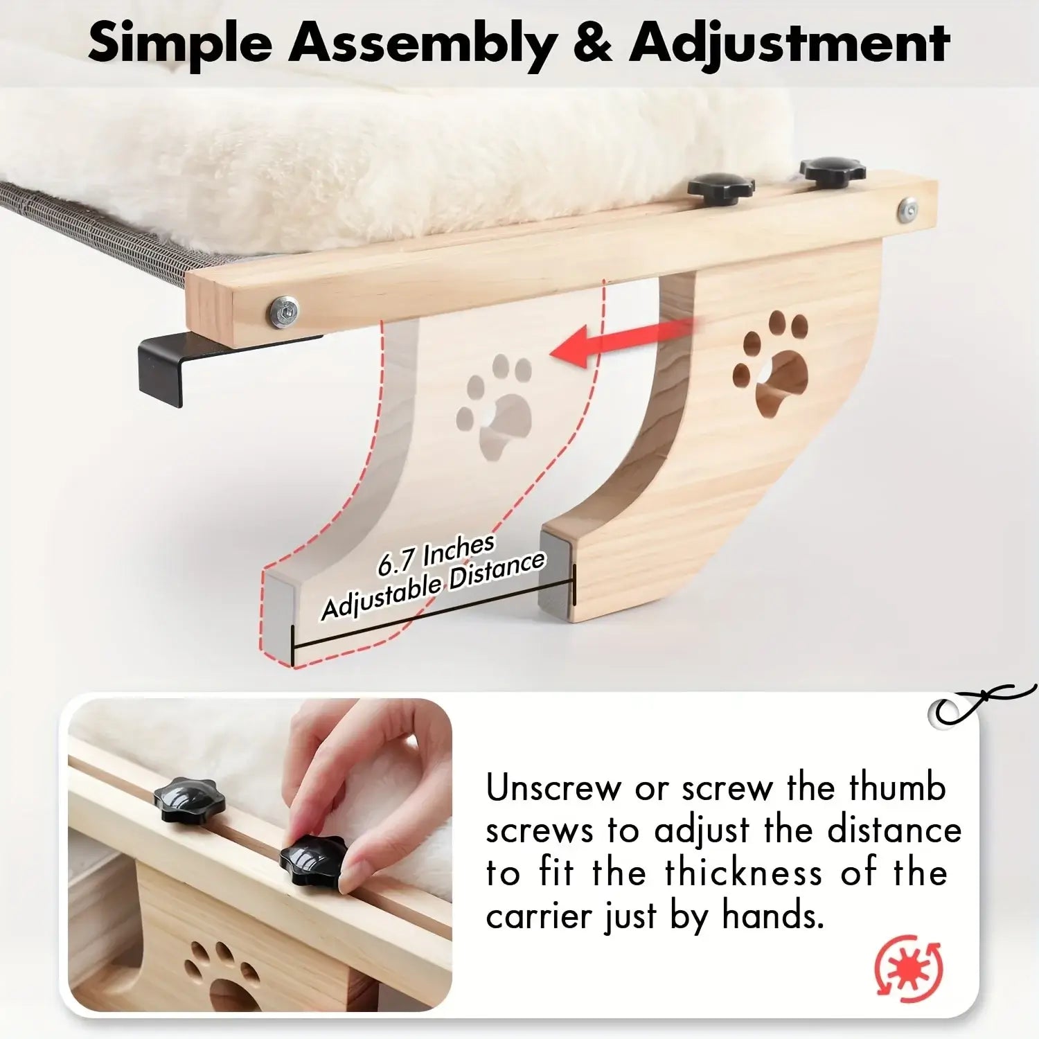 Easy tool-free assembly of the adjustable solid wood cat shelf, showing hands tightening thumb screws for a custom fit.