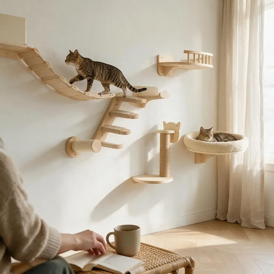 Modular wooden cat climbing wall system featuring a suspension bridge, a 4-step ladder, a scratching post, a curved balcony shelf, and a round plush beige cat bed.