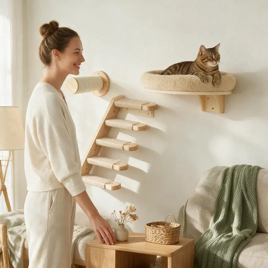 Modern wall-mounted cat climbing shelf set made of light wood with sisal steps and a beige fleece cat bed.