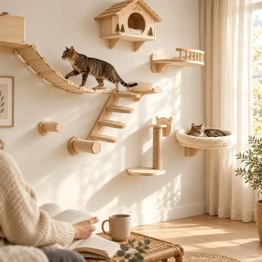 Modular wooden cat climbing wall system featuring a suspension bridge, a 4-step ladder, a scratching post, a curved balcony shelf, and a round plush beige cat bed.