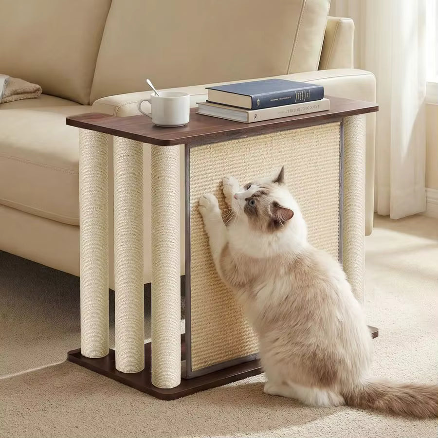 ragdoll cat scratching sisal panel garrison side table cream sofa