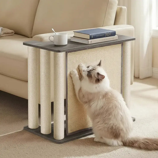 fluffy cat using garrison scratcher sisal panel sofa arm position