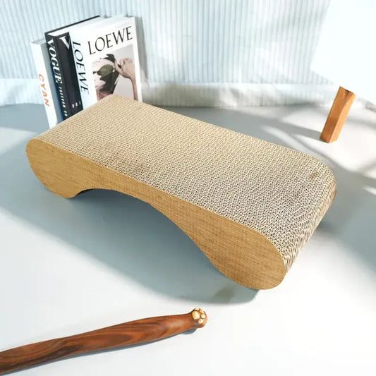 Dual-purpose MeowShelf Aalto corrugated cardboard scratcher and snooze bed.