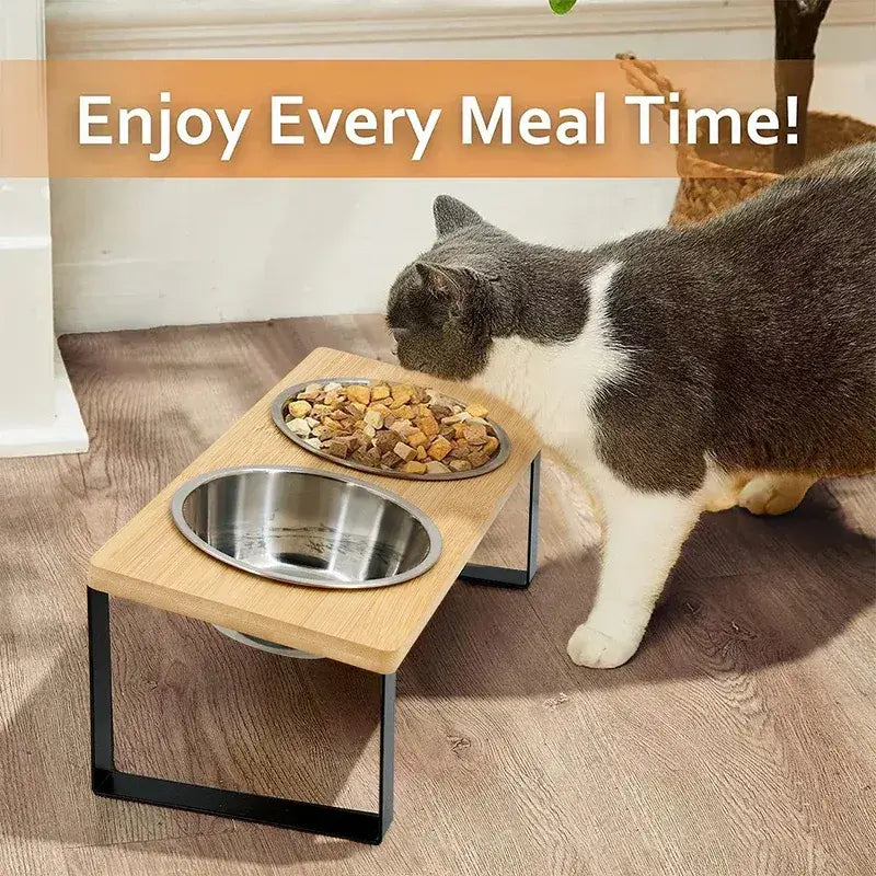 Easy removal of stainless bowls for cleaning on MeowShelf Kanto elevated feeder.