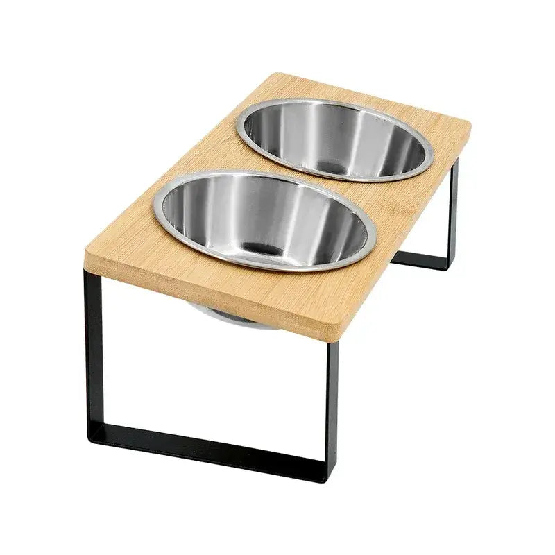 MeowShelf Kanto 15° tilted duo elevated dining set with Japandi wood platform.