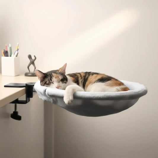 MeowShelf Kumo clamp-on cat desk bed with ultra-soft faux rabbit fur.