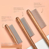 MeowShelf Kura solid wood detangling cat comb with rust-proof stainless steel.