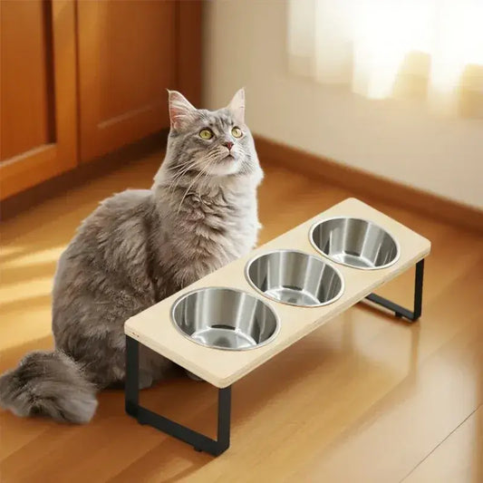 Three premium stainless steel bowls in MeowShelf Kyoto elevated cat feeder.