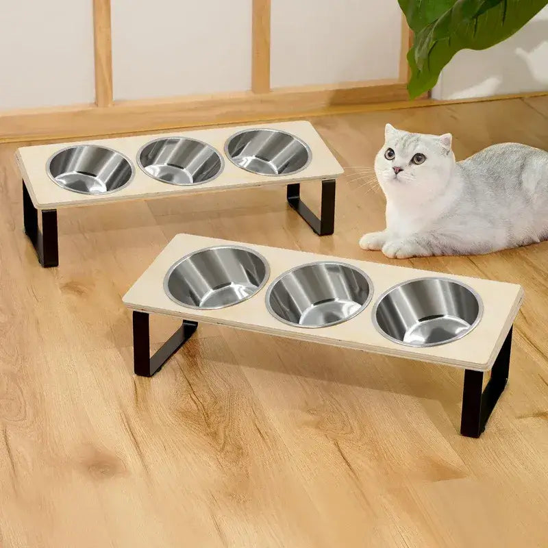 Japandi aesthetic wood stand of MeowShelf Kyoto raised triple feeding station.