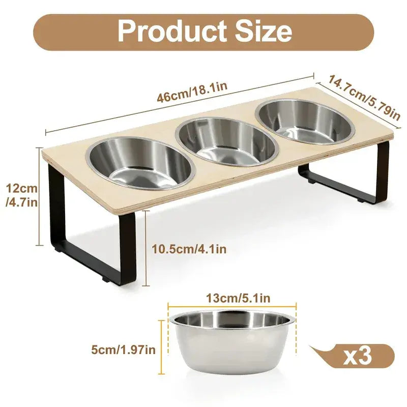 Ergonomic anti-vomit design of MeowShelf Kyoto tilted triple cat bowls.