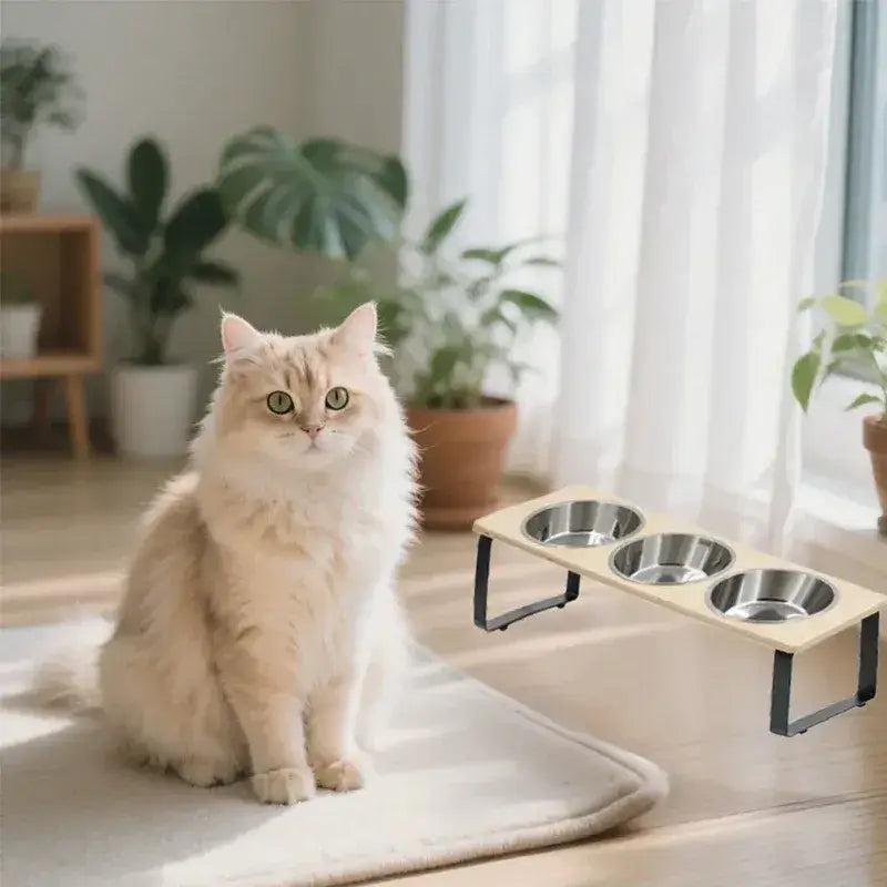 Spill-preventing raised design of MeowShelf Kyoto modern triple cat feeder.