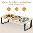 Load image into Gallery viewer, Close-up of durable stainless steel bowls on MeowShelf Kyoto feeding station.
