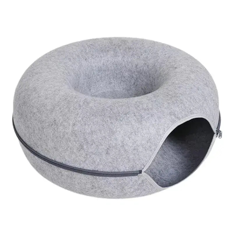 Two cats sharing the split MeowShelf Pebble interactive donut cat bed.