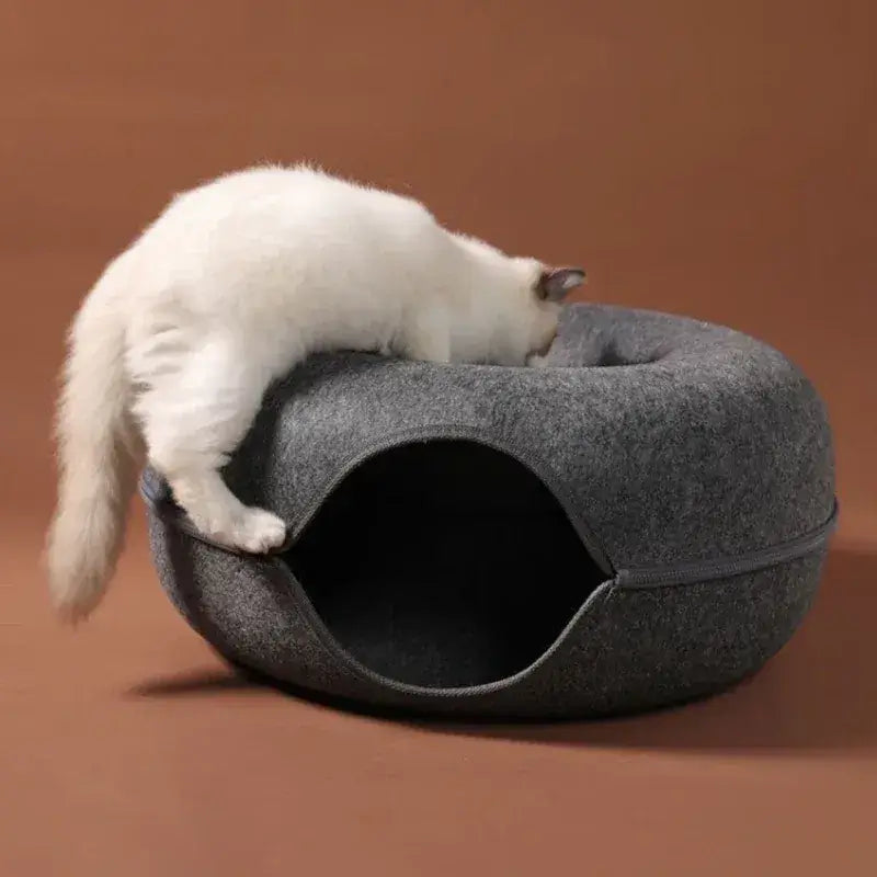 Dimensions of MeowShelf Pebble modern art aesthetic felt cat cave tunnel.