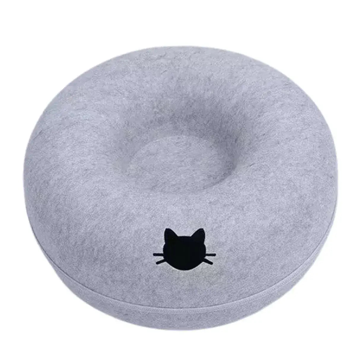 MeowShelf Pebble interactive felt cat cave and dual-purpose donut tunnel.