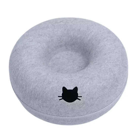 MeowShelf Pebble interactive felt cat cave and dual-purpose donut tunnel.