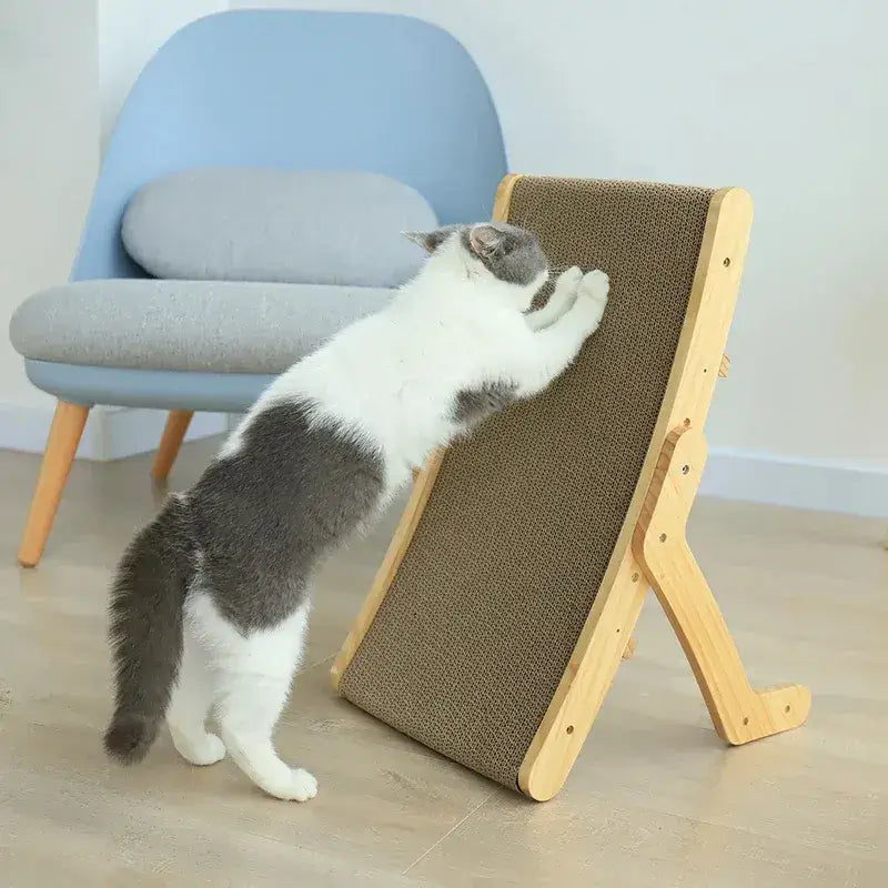 Cat stretching on Japandi aesthetic MeowShelf Trio versatile scratching post.