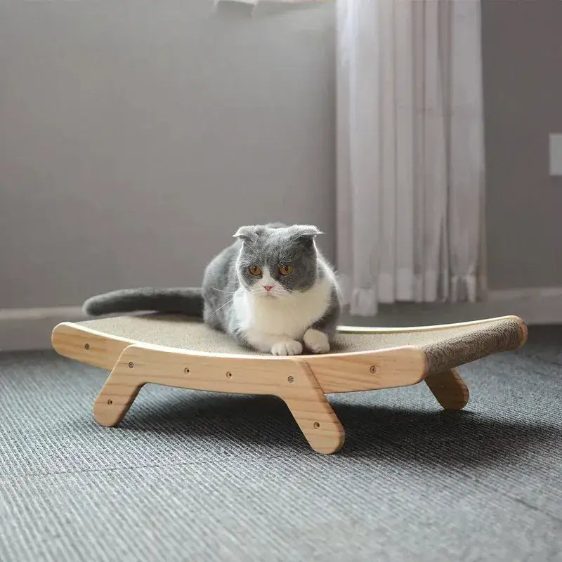 Gentle slope lounging angle of MeowShelf Trio corrugated cardboard scratcher.