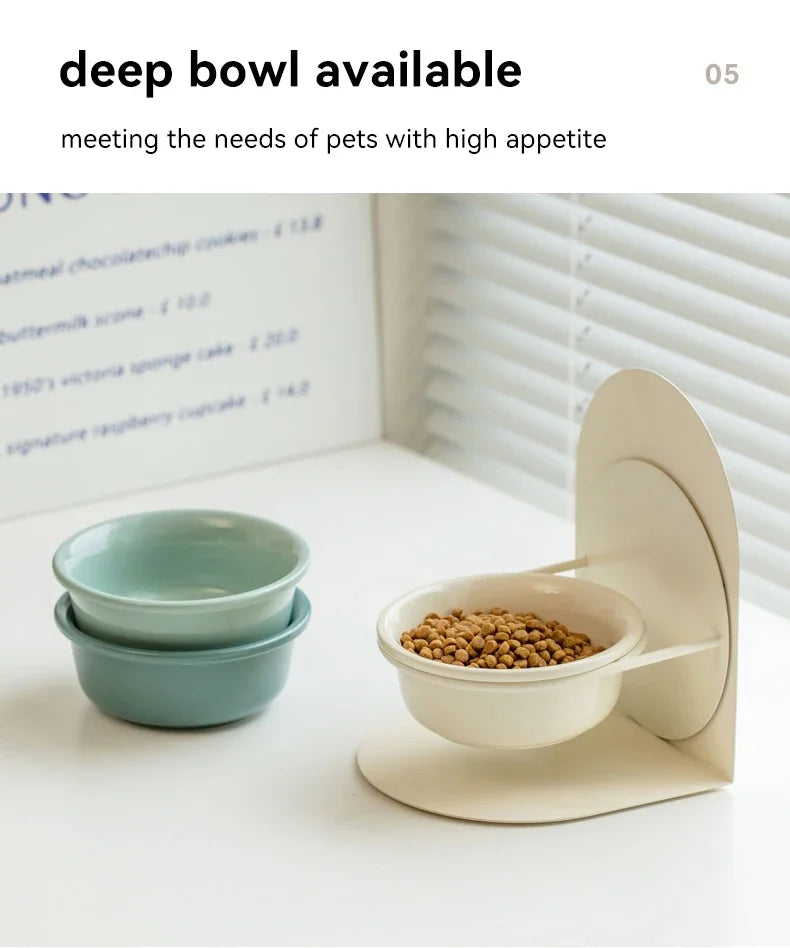 MeowShelf Aura elevated feeding station protecting cat's cervical spine.