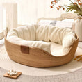 Load image into Gallery viewer, Side angle of MeowShelf Breeze Nest Japandi style hand-woven cat basket.
