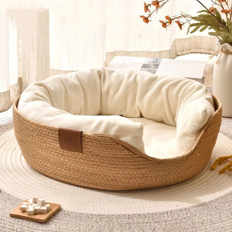 Side angle of MeowShelf Breeze Nest Japandi style hand-woven cat basket.