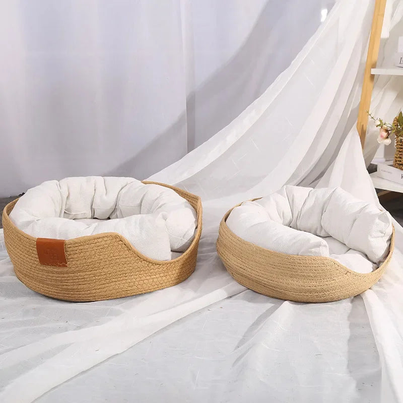 Lifestyle living room view of aesthetic MeowShelf Breeze Nest cat basket.