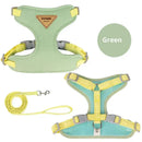 Soft green escape-proof cat harness and adjustable leash set, laid flat to show the secure step-in design.