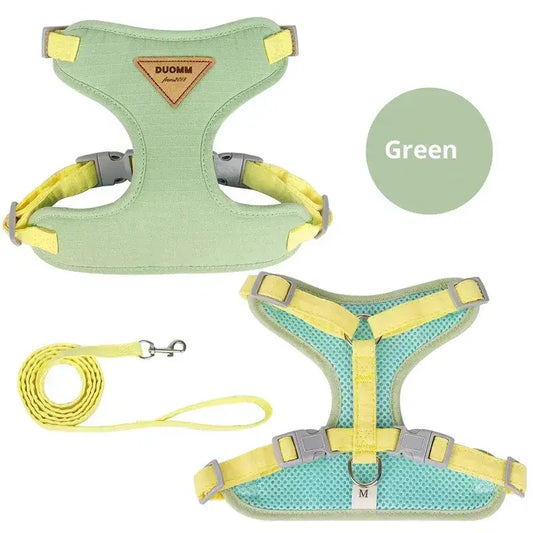 Soft green escape-proof cat harness and adjustable leash set, laid flat to show the secure step-in design.