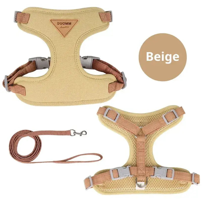 Beige Lumina breathable mesh cat harness and leash set by MeowShelf, shown flat on a white surface.