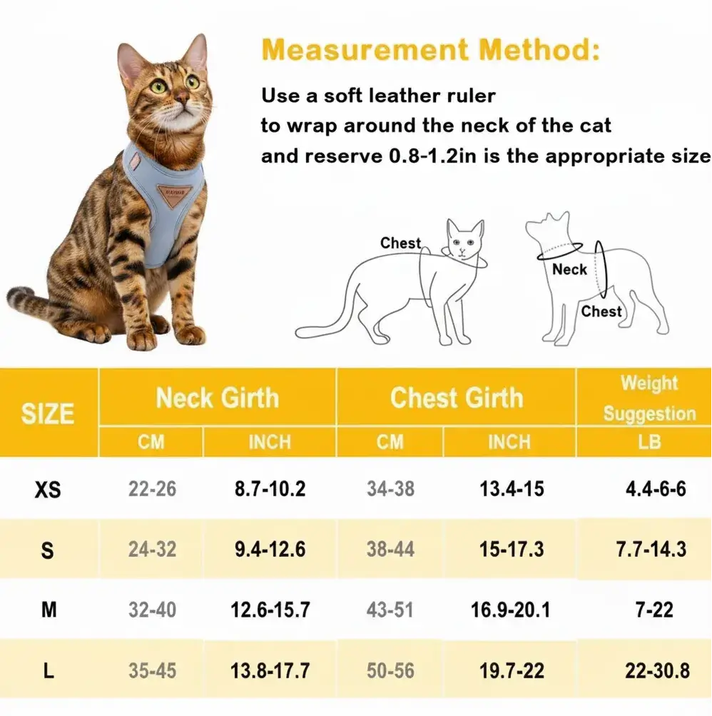 Cat harness sizing chart showing precise neck and chest measurements to ensure an escape-proof fit.