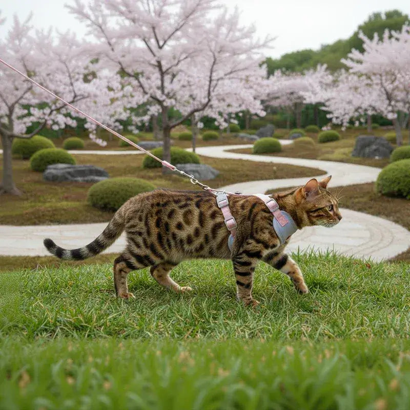 Bengal cat safely exploring a blooming garden wearing the Lumina outdoor walking harness and leash.