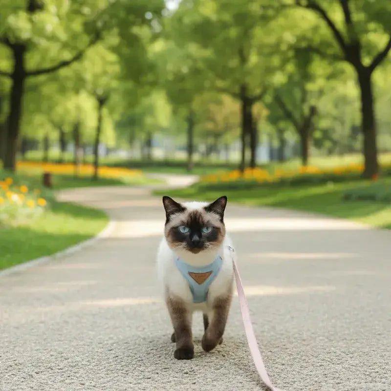 Siamese cat confidently walking on a park path wearing a beige escape-proof harness and leash set.