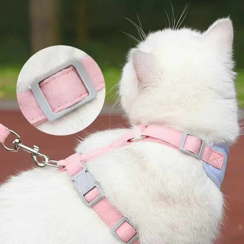 Close-up of the adjustable buckle on the Lumina cat harness, ensuring a secure and custom fit on a white cat.