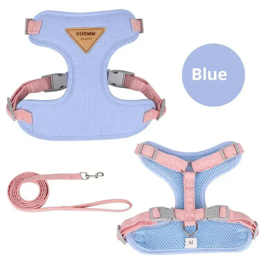 Cloud blue lightweight cat harness and leash flat lay, featuring secure buckles and breathable soft mesh.