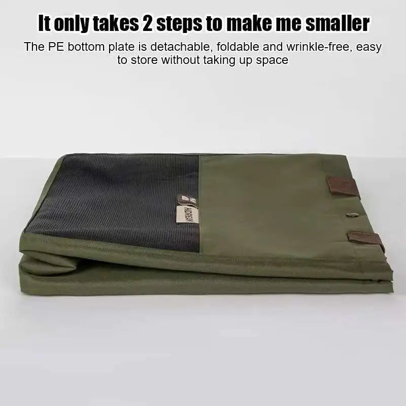 The flexible Alpine Olive green cat carrier tote folded flat for easy apartment storage.