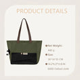Load image into Gallery viewer, Size and dimension details of the ultra-lightweight green cat carrier tote bag.
