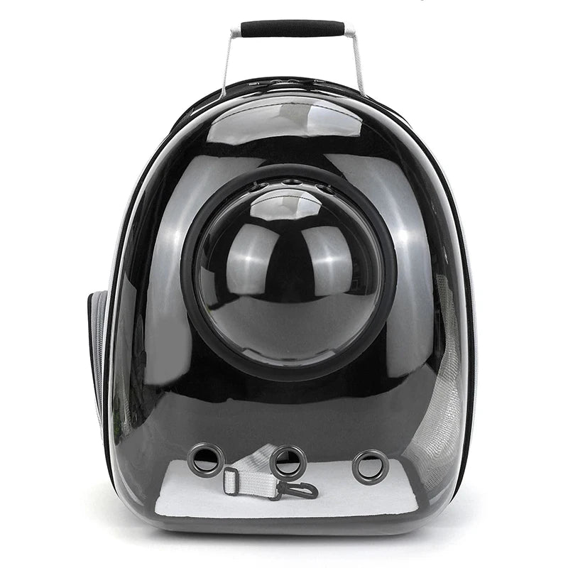Top handle detail of premium MeowShelf Panorama transparent cat backpack.