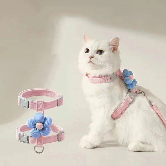 Flat lay of minimalist MeowShelf Petal Stroll cat harness and leash set.