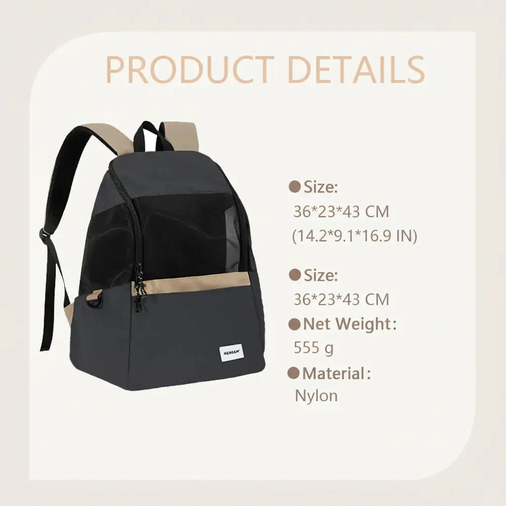 Dimensions and sizing chart for MeowShelf Roamer canvas cat travel backpack.