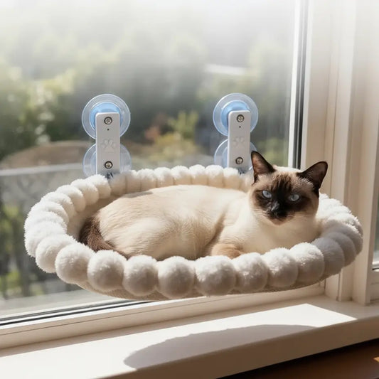 MeowShelf Solaris heavy-duty floating cat window perch hammock in beige.