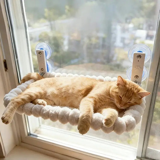 Side view of MeowShelf Solaris minimalist window perch with nylon supports.