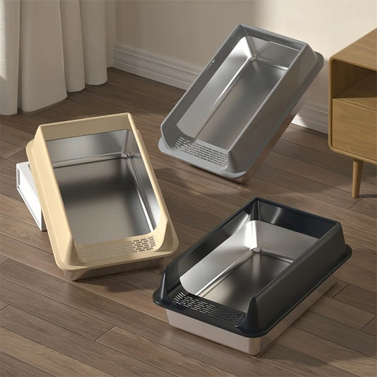 MeowShelf Sora high-sided stainless steel litter box with extra-tall splash guard.