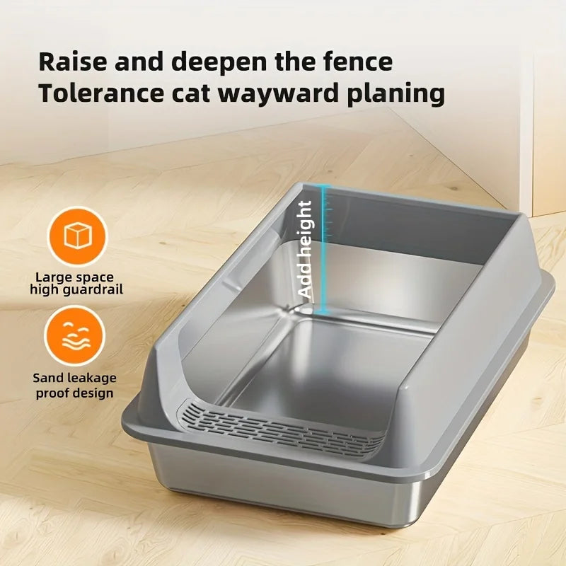 Minimalist aesthetic of MeowShelf Sora high-sided stainless steel litter pan.