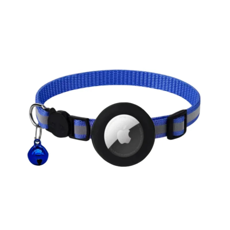 MeowShelf Vesper reflective AirTag breakaway collar with waterproof holder.
