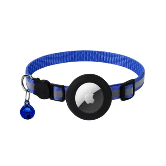 MeowShelf Vesper reflective AirTag breakaway collar with waterproof holder.
