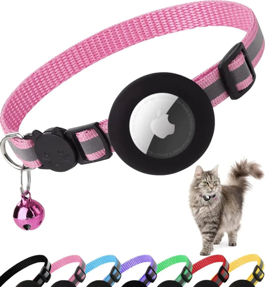 Secure elastic Apple AirTag holder on MeowShelf Vesper safety cat collar.