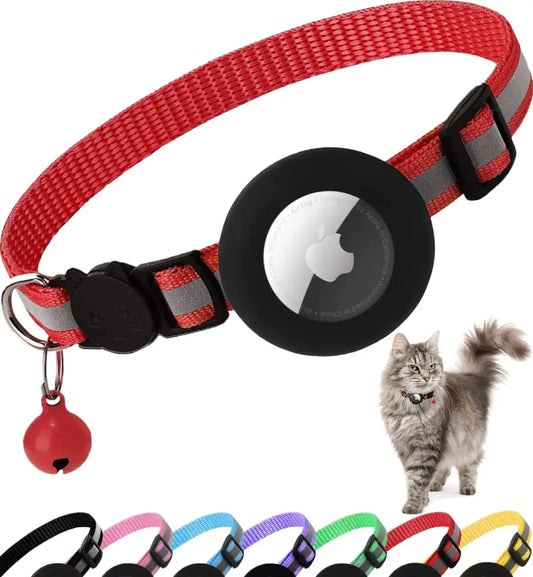 Various colors available for MeowShelf Vesper reflective AirTag cat collar.