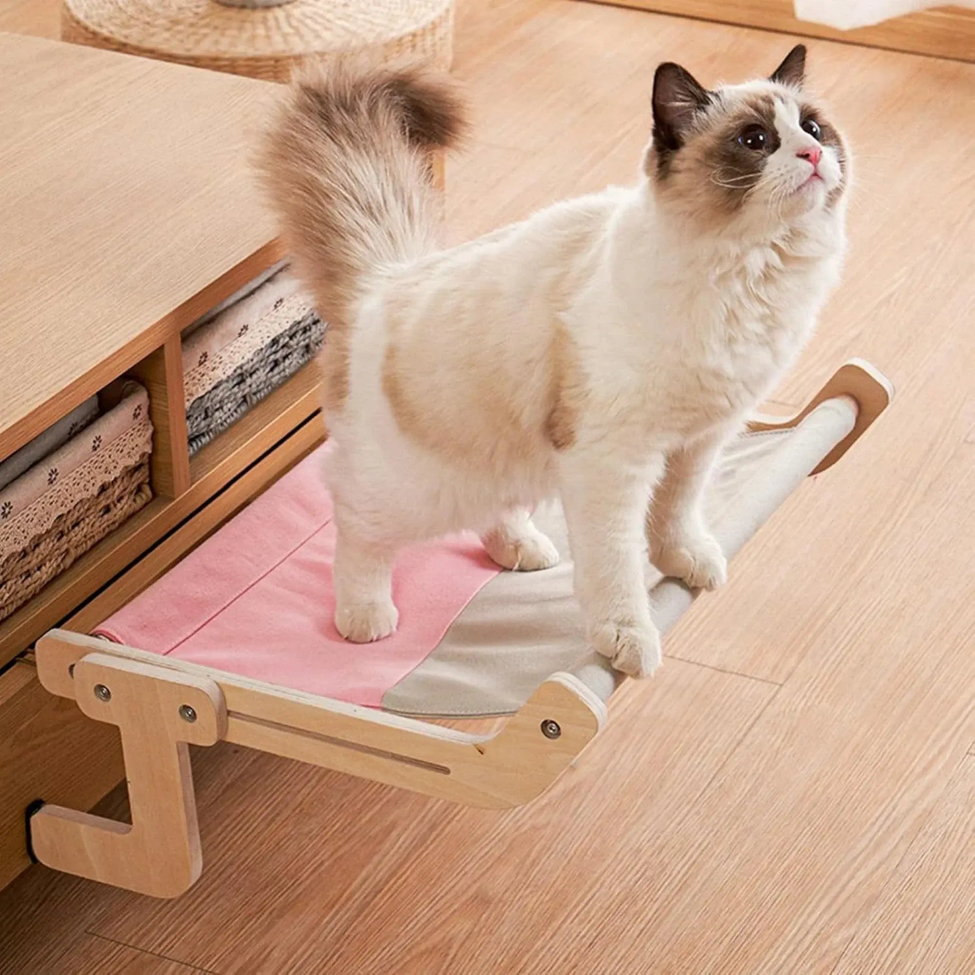 The Zenview Adjustable Wooden Cat Perch, rear angle showcasing the perch, a modern wall-mount tree alternative.